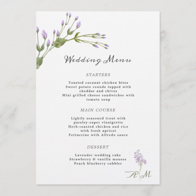 Minimalistische Lilac Floral Menu Wedding Menükarte (Vorderseite)