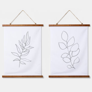 Minimalistische Line-Art-Blätter Wandteppich Mit Holzrahmen