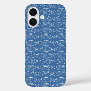 Minimalistische Line-Art-Fisch-Ozean-Blau iPhone 16 Hülle