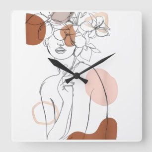 Minimalistische Line-Art-Wanduhr – Florales Kopfde Quadratische Wanduhr