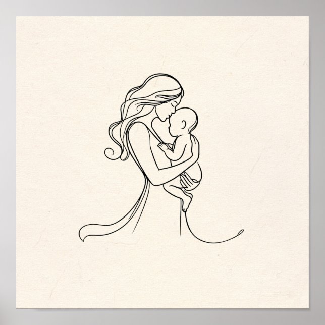 Minimalistische Linie Art der Mama und Baby Poster (Vorne)