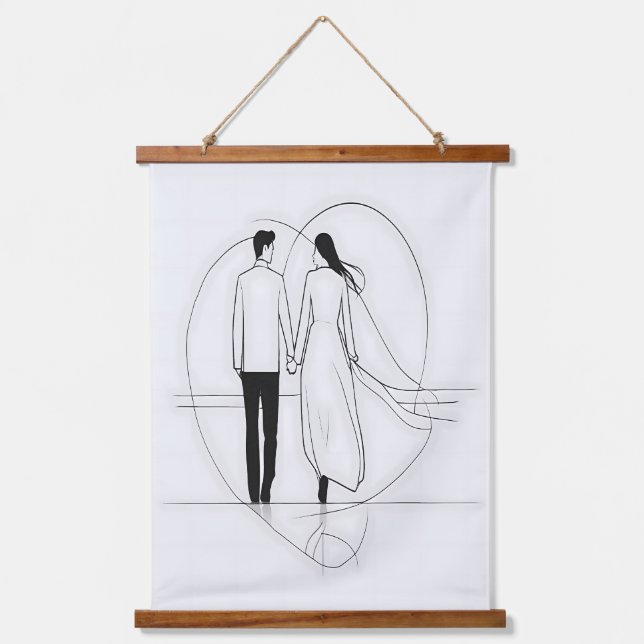 Minimalistische Linie Kunst Romantische Coupé Hold Wandteppich Mit Holzrahmen (Vorderseite)