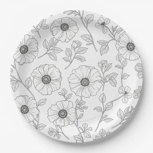 Minimalistische Linienkunst Blumen Nahtloses Muste Pappteller (Vorderseite)