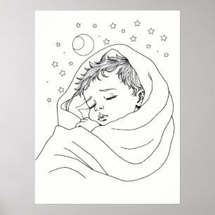 Minimalistische Linienkunst eines schlafenden Kind Poster
