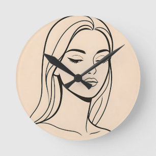 Minimalistische Linienkunst Frauenporträt Elegante Runde Wanduhr