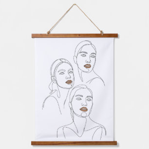Minimalistische Linienporträts von Frauen Wandteppich Mit Holzrahmen