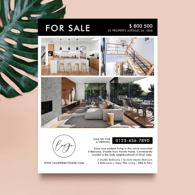 Minimalistische Logo-Fotos Marketing-Eigenschaft f Flyer (Minimalist modern house for sale marketing flyer with photos and your contact details)