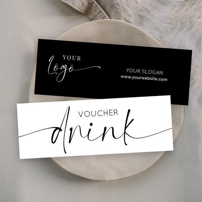 Minimalistische Logokombinationen - Freier Drink-G Mini Visitenkarte (Elegant event drink bar voucher in black and white with calligraphy scrip and space for your logo)