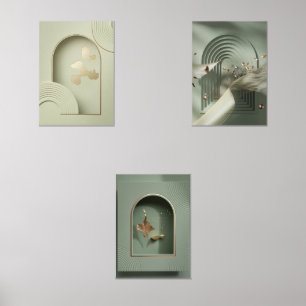 Minimalistische Mauer - Grüne und goldene Fossilie Bilderwand Sets