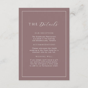 Minimalistische Mauve Taupe Hochzeitdetails Beilag Begleitkarte