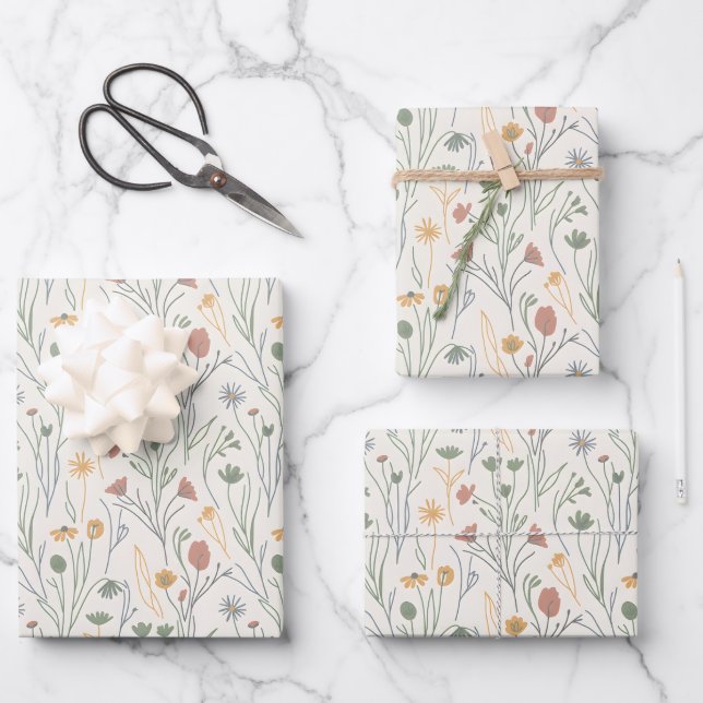 Minimalistische Meadowcore-Abstrakte Wildblumen Geschenkpapier Set (Vorderseite)