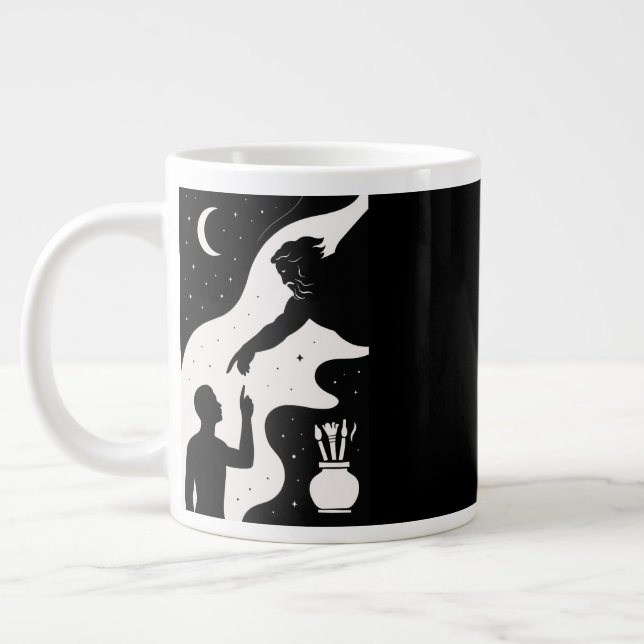 Minimalistische menschliche Verbindung zu Gott und Jumbo-Tasse (Links)