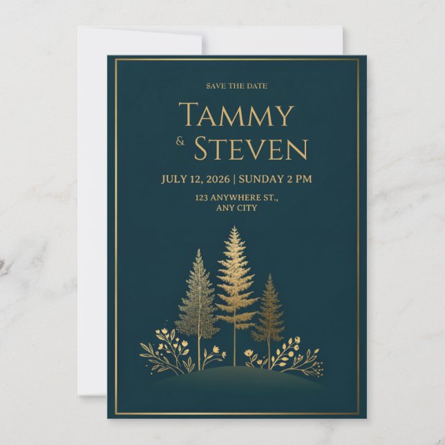 Minimalistische Midnight Gold Baum Hochzeit Einladung (Vorderseite)