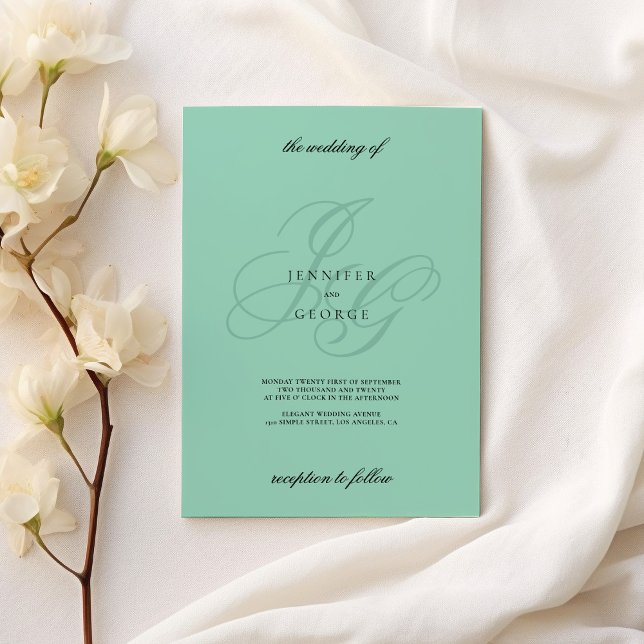 Minimalistische mintgrüne Monogramm-Anfangbuchstab Einladung (Minimalist mint green monogram initials wedding)