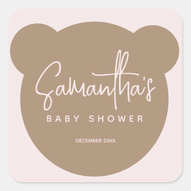 Minimalistische moderne Bear Baby Dusche Quadratischer Aufkleber (Vorderseite)