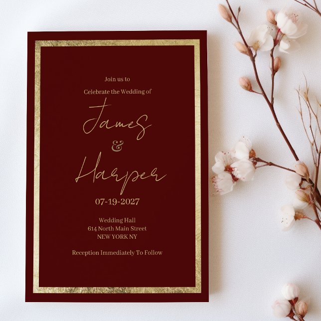 Minimalistische, moderne bordeauxfarbene Hochzeit Einladung (Minimalist elegant modern burgundy gold Wedding )