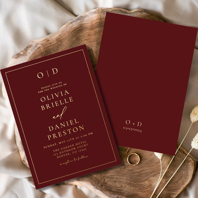 Minimalistische moderne Burgundy-Goldhochzeit Folieneinladung (Von Creator hochgeladen)
