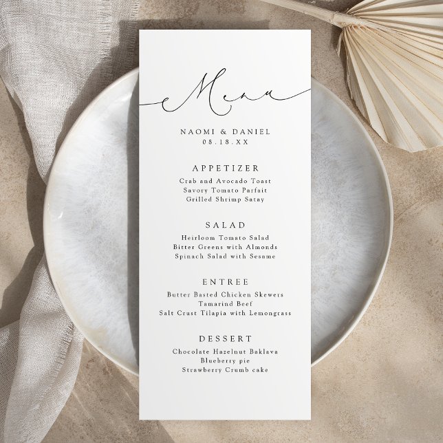 Minimalistische Moderne Chic Script Elegante Hochz Menükarte (Minimalist Modern Chic Script Elegant Wedding Menu)