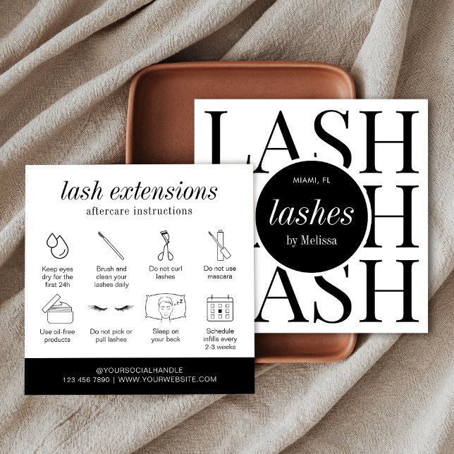Minimalistische moderne Einfache Lashes Aftercare  Quadratische Visitenkarte (Modern eyelash extensions care instructions cards in minimalist black and white style)