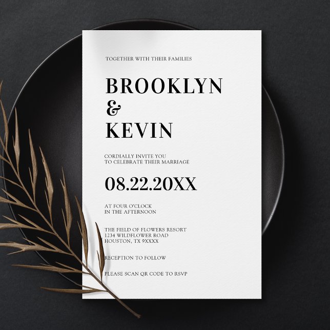 Minimalistische moderne einfache Schwarze Hochzeit Einladung (Minimalist Modern Simple Black Wedding | QR Code Invitation)