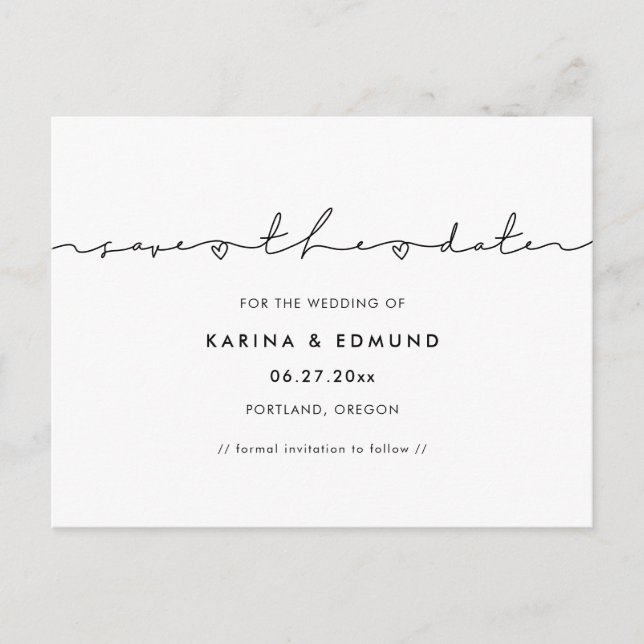 Minimalistische moderne Handschrift Save the Date Postkarte (Vorderseite)