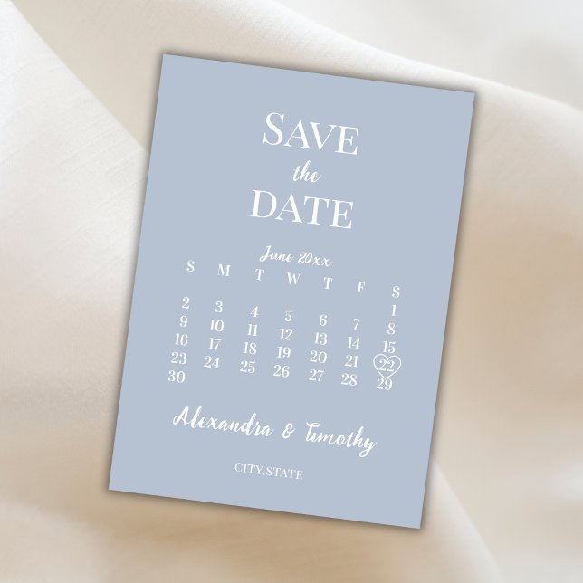 Minimalistische moderne Hochzeit des blauen Kalend Save The Date (Minimalist Modern Dusty Blue Calendar Wedding Save The Date)