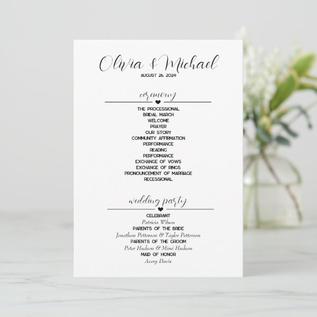 Minimalistische moderne Hochzeit Programm (Stehend Vorderseite)