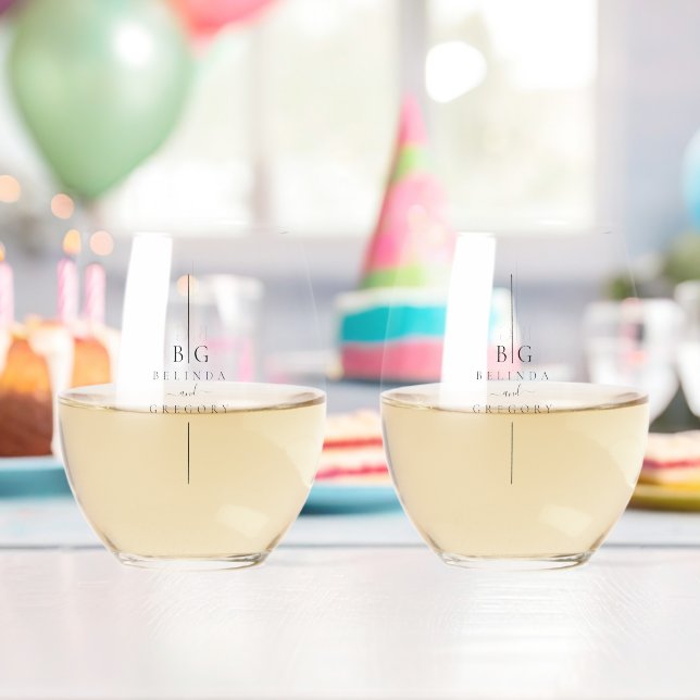 Minimalistische moderne Inline-Monogramm-Hochzeit Weinglas Ohne Stiel (Insitu (Geburtstag))