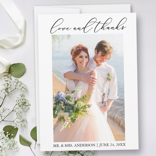 Minimalistische moderne Kalligrafie Hochzeitsstich Dankeskarte (Customize to add text or more photos to back of card.)