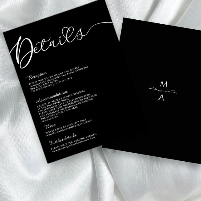 Minimalistische moderne Kalligraphie Schwarz-weiße Einladung (minimalist modern black and white wedding details card)