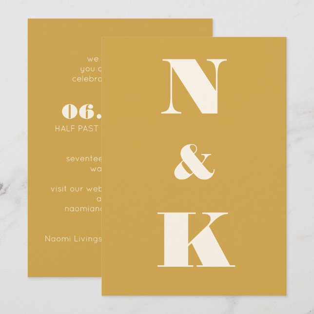 Minimalistische moderne Monogramm-Safran Gelbe Hoc Einladung (Vorne/Hinten)