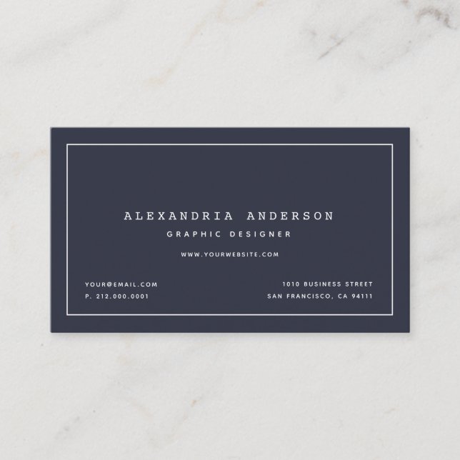 Minimalistische, moderne Navy Blue Business Card Visitenkarte (Vorderseite)