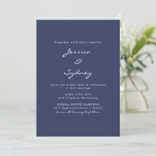 Minimalistische moderne Navy Blue Script Hochzeit Einladung