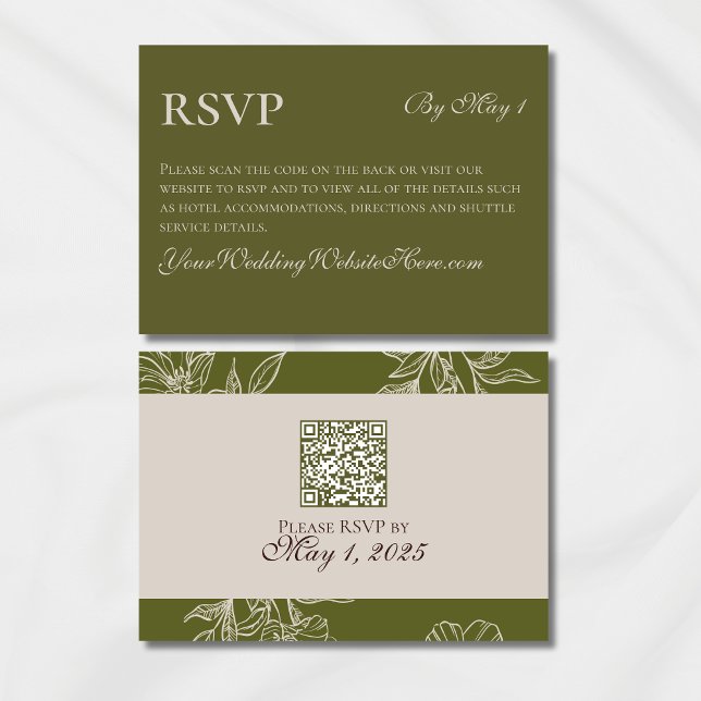 Minimalistische moderne Olive Green Wedding QR RSVP Karte (Modern Elegant Mousse Brown Wedding Suite Theme with options to personalize for your special day.)
