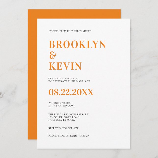 Minimalistische moderne Orangenhochzeit | QR-Code Einladung (Vorne/Hinten)