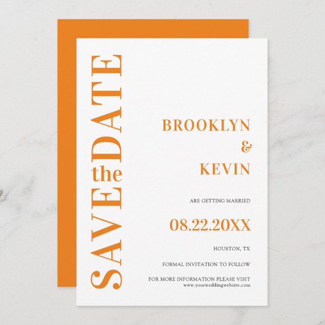 Minimalistische, moderne Orangenhochzeit Rette Save The Date (Vorne/Hinten)