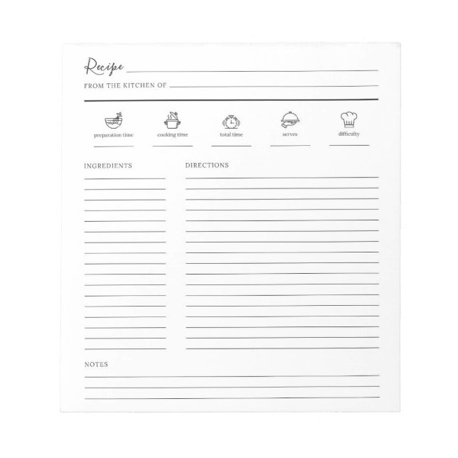 Minimalistische moderne Rezept-Sheet-Cookbook-Seit Notizblock (Vorderseite)