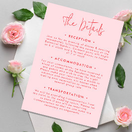 Minimalistische, moderne rosa Hochzeitdetails Begleitkarte