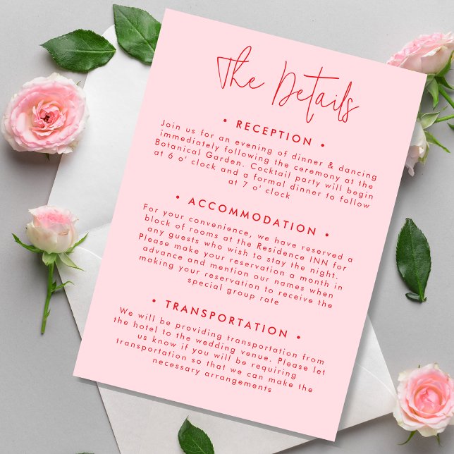 Minimalistische, moderne rosa Hochzeitdetails Begleitkarte (Von Creator hochgeladen)