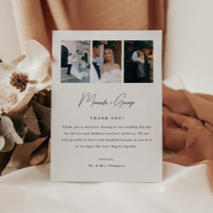 Minimalistische moderne Schrift 3-Foto-Hochzeit Dankeskarte