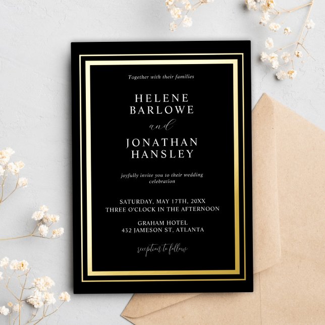 Minimalistische moderne Schwarz-Gold-Hochzeit Folieneinladung (Minimalist Modern Black And Gold Elegant Wedding Foil Invitation)