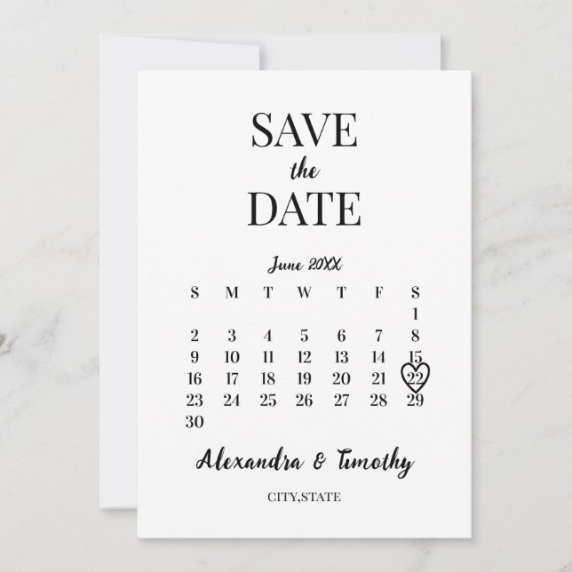Minimalistische moderne Schwarz-Weiß-Kalender-Hoch Save The Date (Vorderseite)