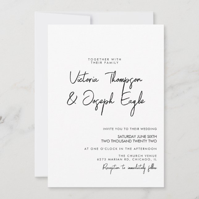 Minimalistische moderne Script Black Ink White Wed Einladung (Vorderseite)