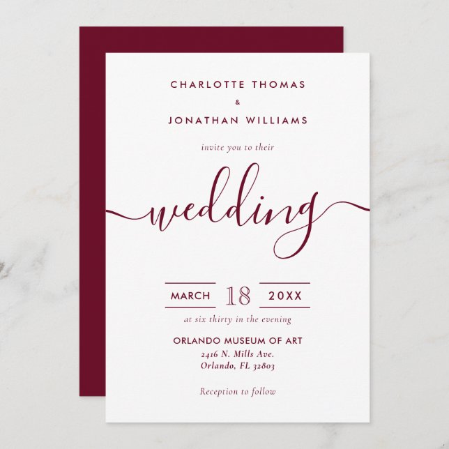 Minimalistische moderne Script Burgundy Hochzeit Einladung (Vorne/Hinten)