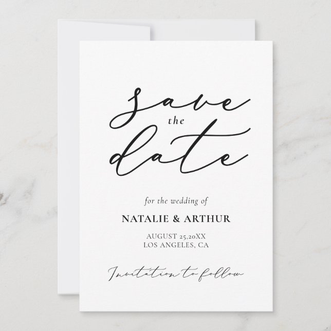 Minimalistische moderne Skripthochzeit Save The Date (Vorderseite)
