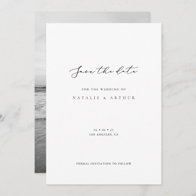 Minimalistische moderne Skripthochzeit speichert d Save The Date (Vorne/Hinten)