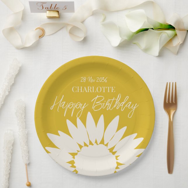 Minimalistische moderne Sonnenblume Custom Happy B Pappteller (Hochzeit)