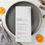Minimalistische moderne Speisekarte Menükarte<br><div class="desc">Mit dieser einfach und modern gestalteten Speisekarte mit einem Schriftart auf weißem Hintergrund laden Sie zu einer Hochzeit ein. Diese Einladung ist perfekt für jede Jahreszeit. Schriftart und Text können weiter bearbeitet werden. Bitte lass mir,  wenn du Fragen hast.</div>