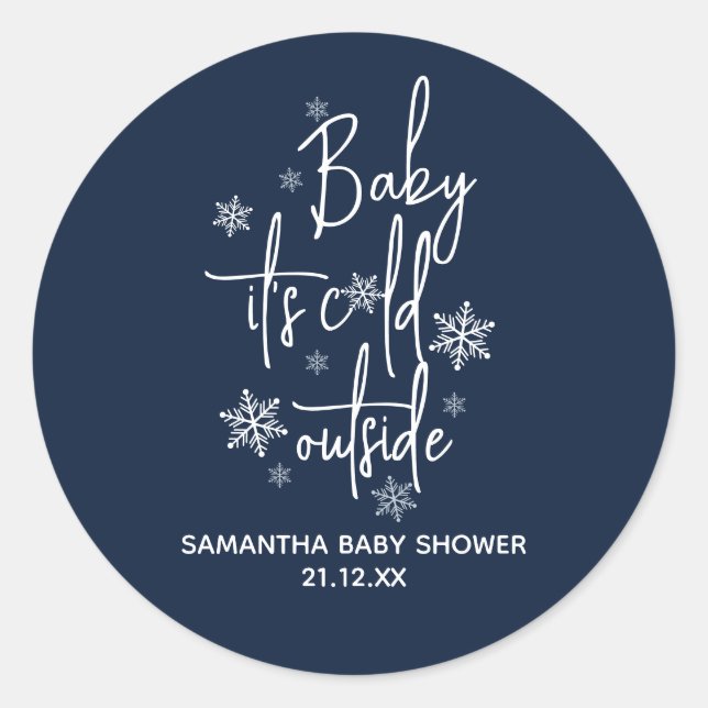 Minimalistische, moderne Winter Baby Boy Dusche Runder Aufkleber (Vorderseite)