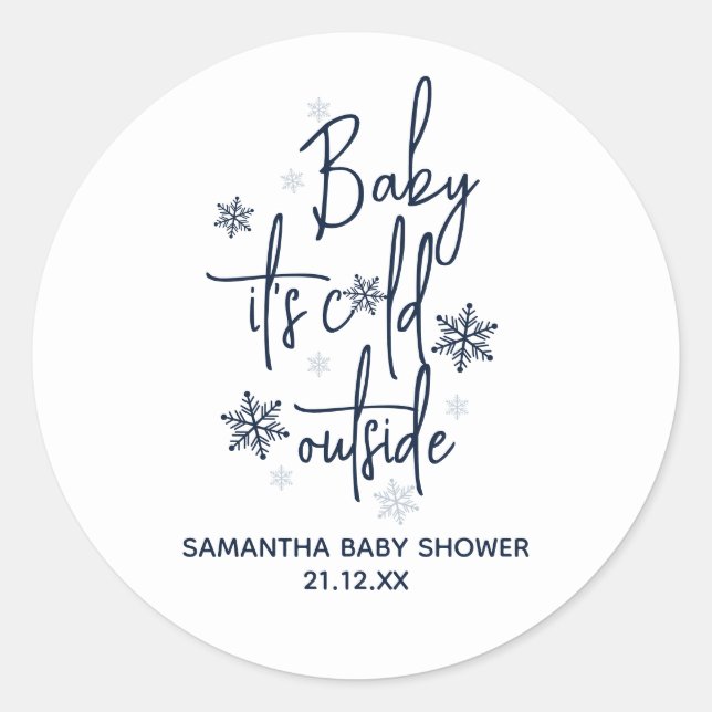 Minimalistische, moderne Winter Baby Boy Dusche Runder Aufkleber (Vorderseite)